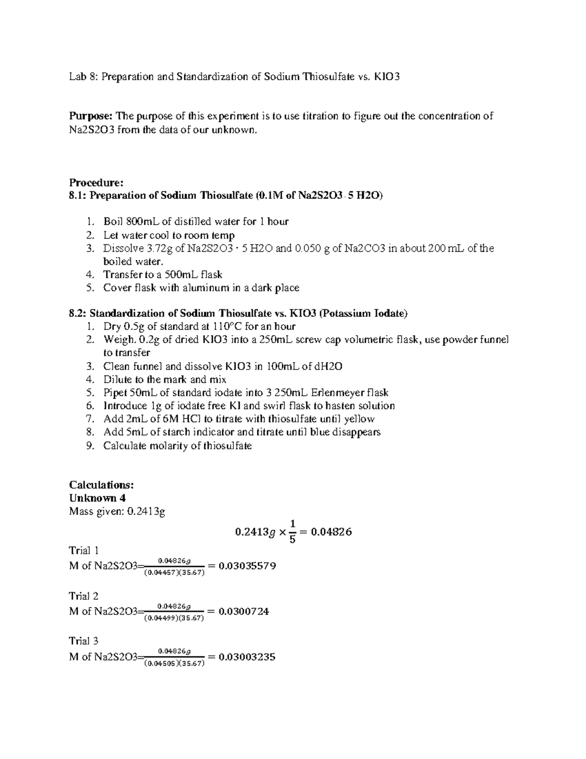 Lab 8 Report Lab 8 Preparation and Standardization of Sodium