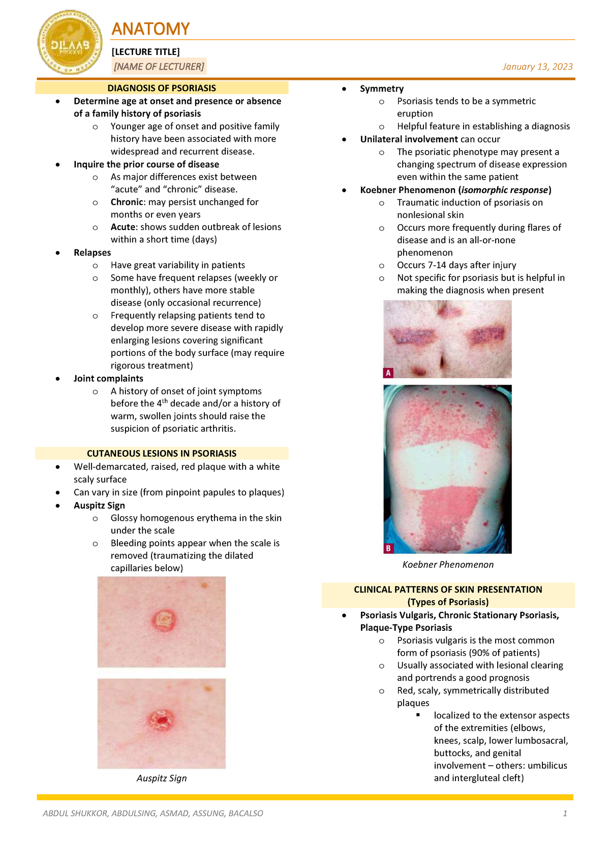 Psoriasis (Diagnosis - Fitzpatrick) - [LECTURE TITLE] [NAME OF LECTURER ...