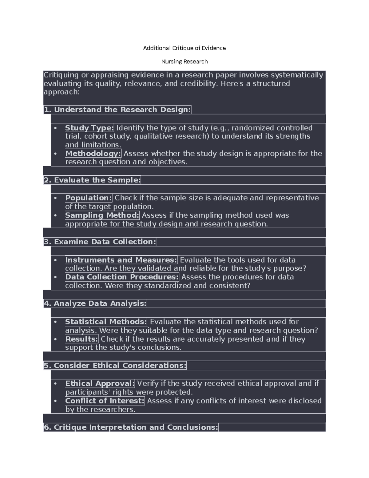 Nursing Research Additional Critique of Evidence - Additional Critique ...