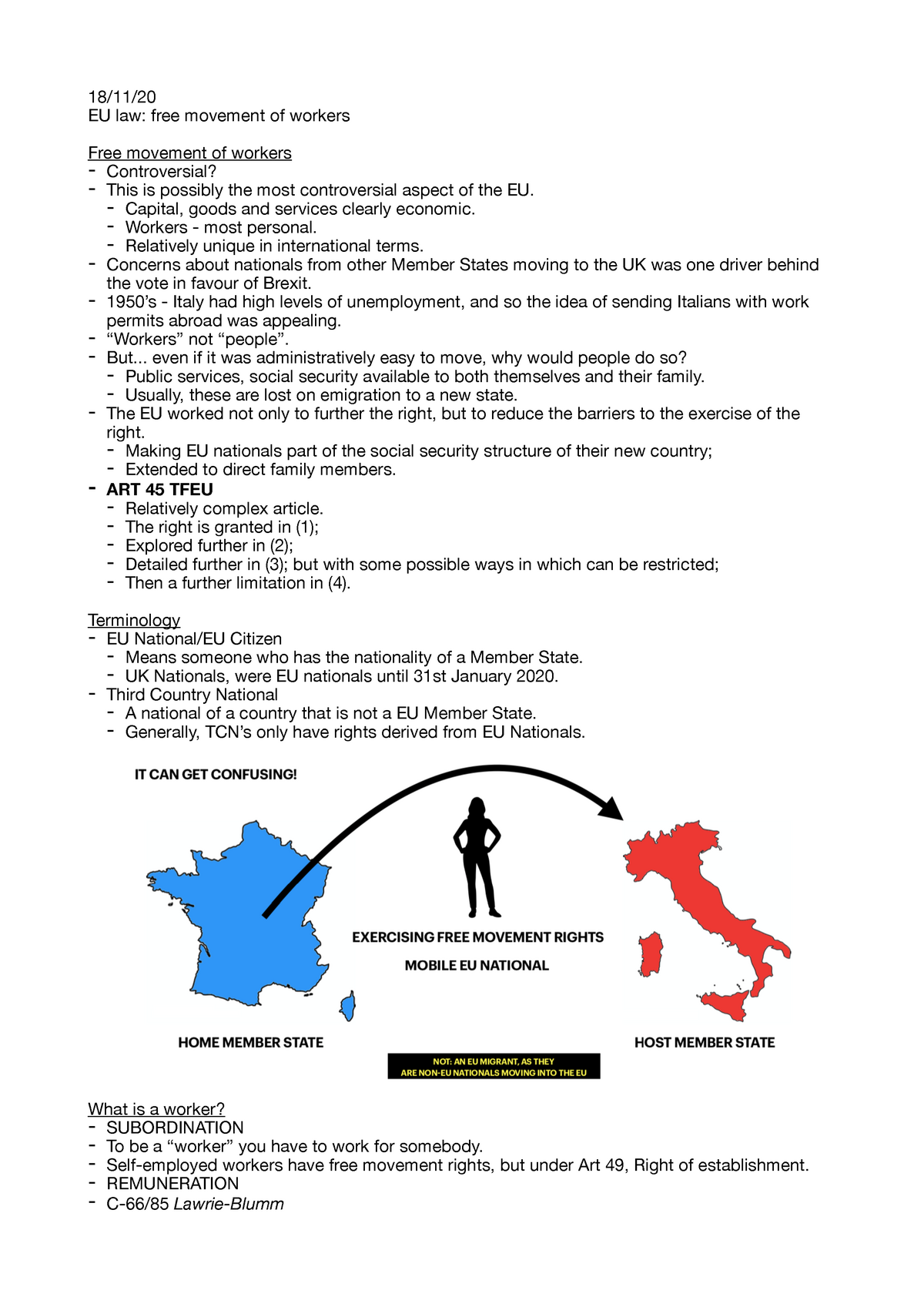 Week 7 lectures 1-5 - Lecture notes 31-35 - 18/11/ EU law: free movement of  workers Free movement of - Studocu