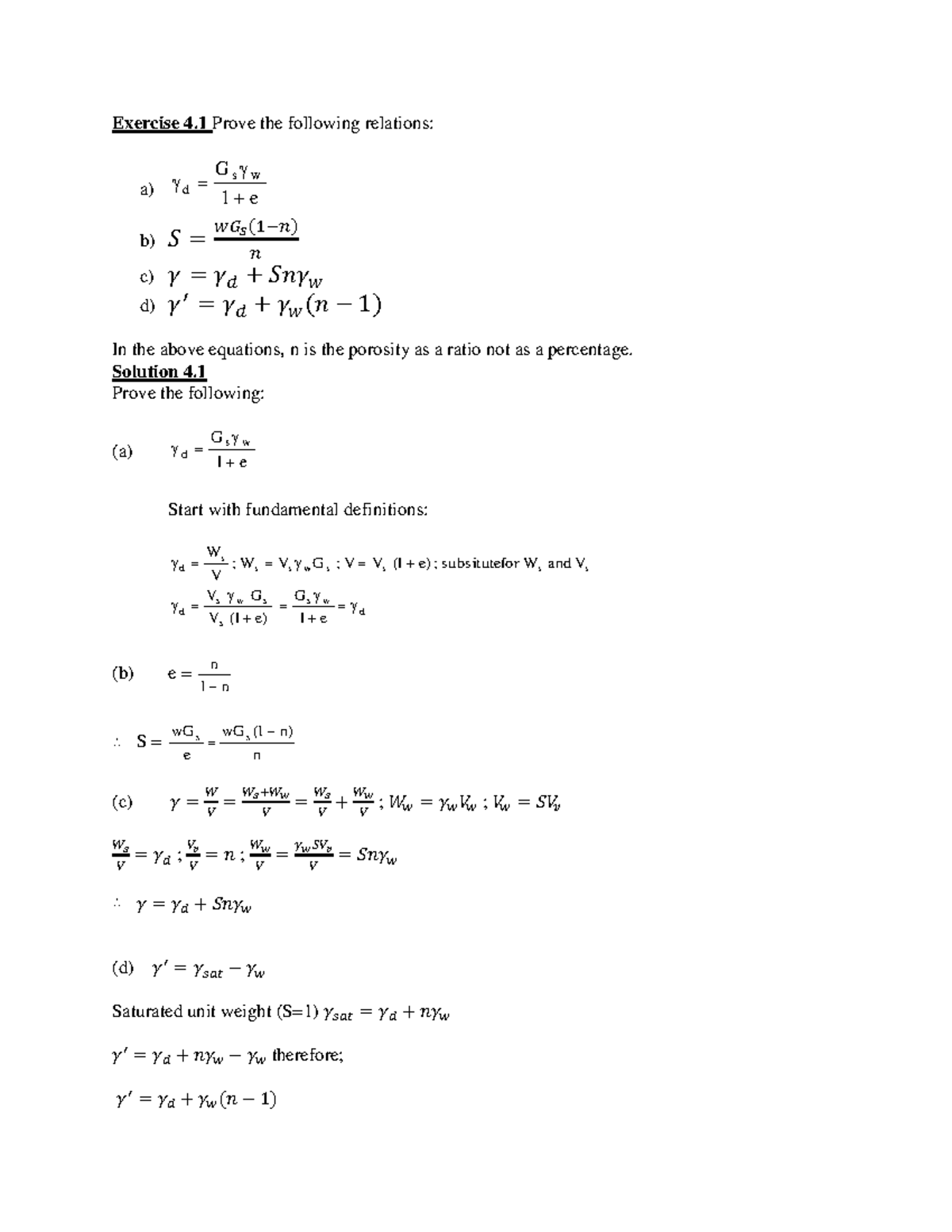 Soil 1 - Ddfff - Exercise 4 Prove the following relations: a) 1 e Gs w ...