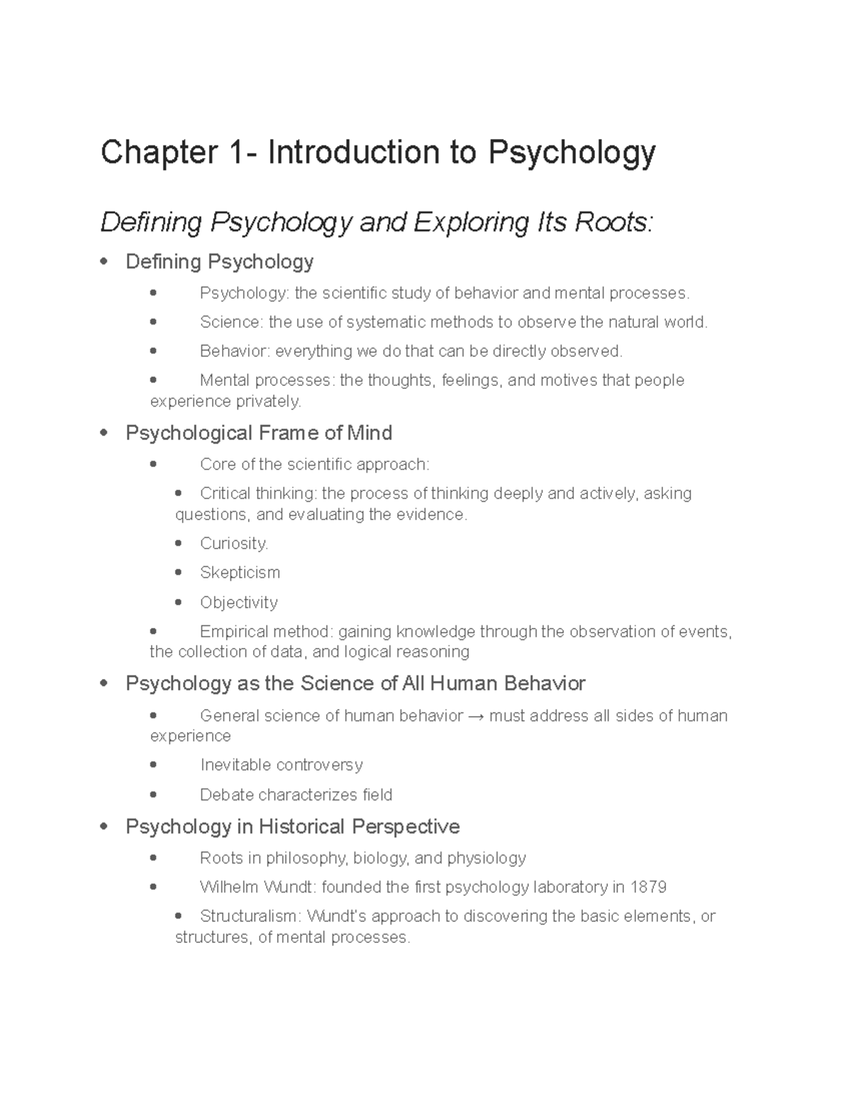 Chapter 1 Introduction To Psychology Notes Chapter 1 Introduction To Psychology Defining 