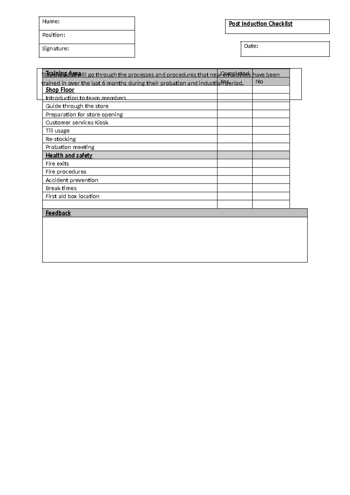 Post Induction Checklist - Training Area Completed Yes No Shop Floor ...
