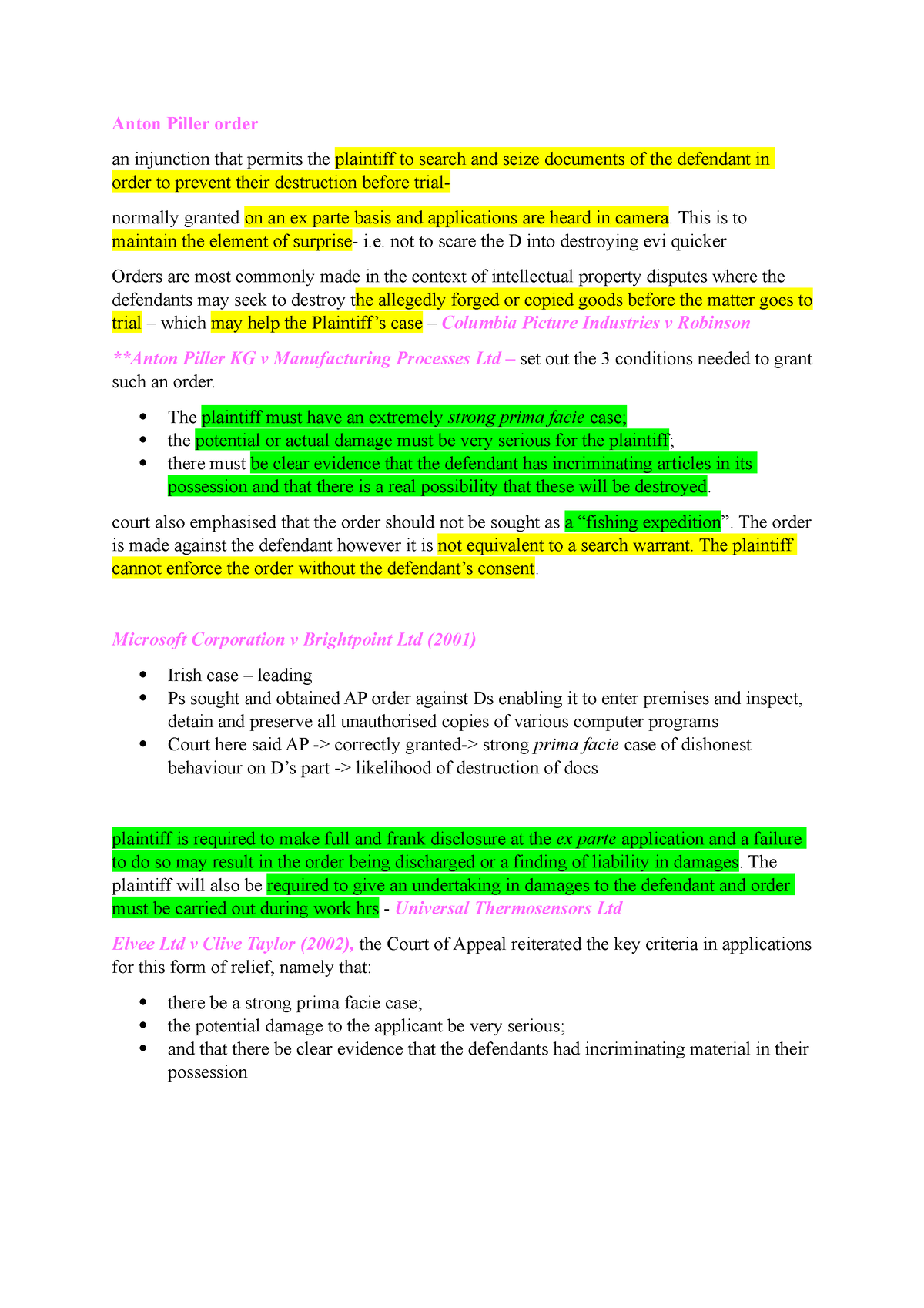 Anton Piller order - Fe1 notes - Anton Piller order an injunction that ...