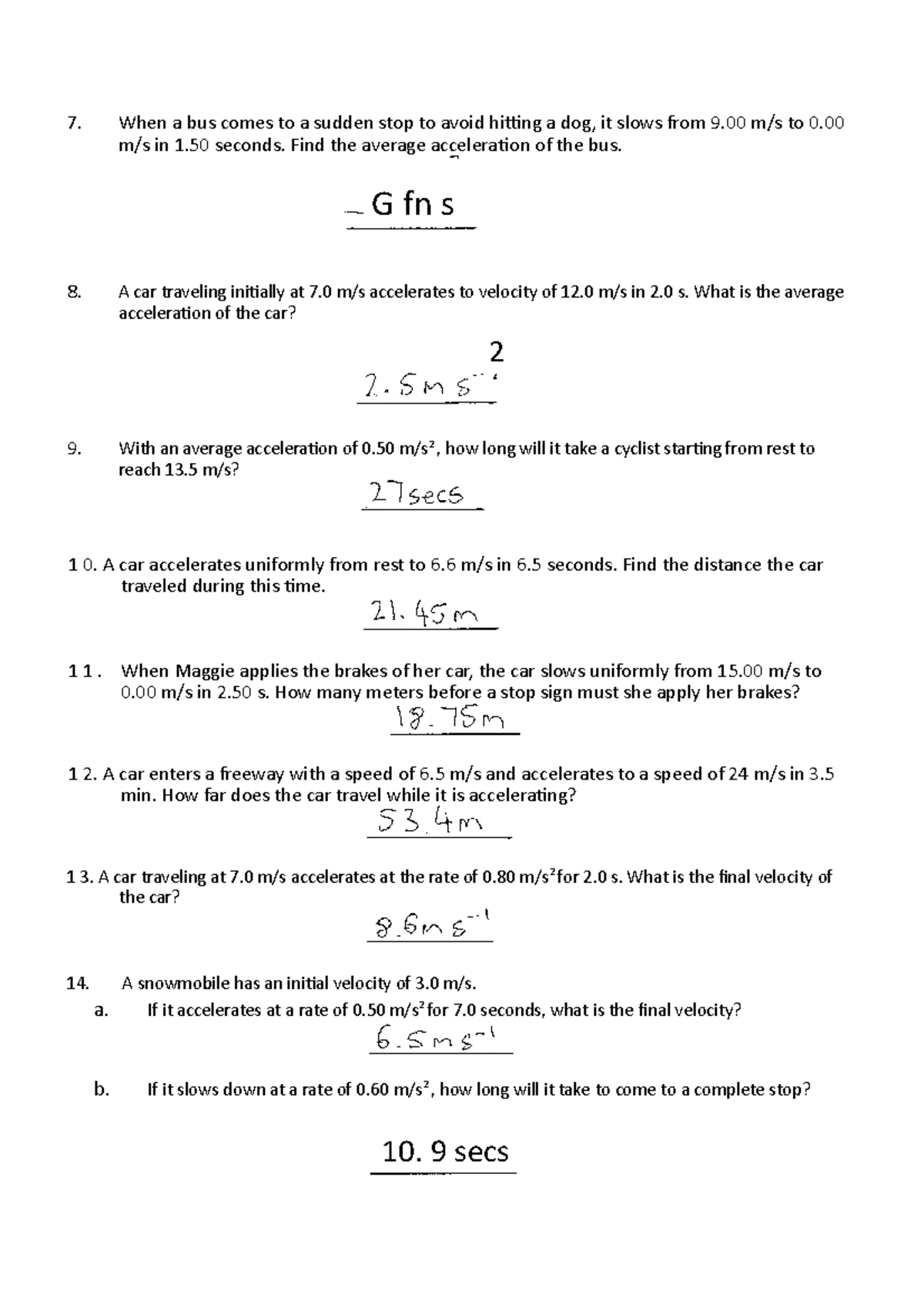 Kinematics Questions AND Solutions 2 - When a bus comes to a sudden ...