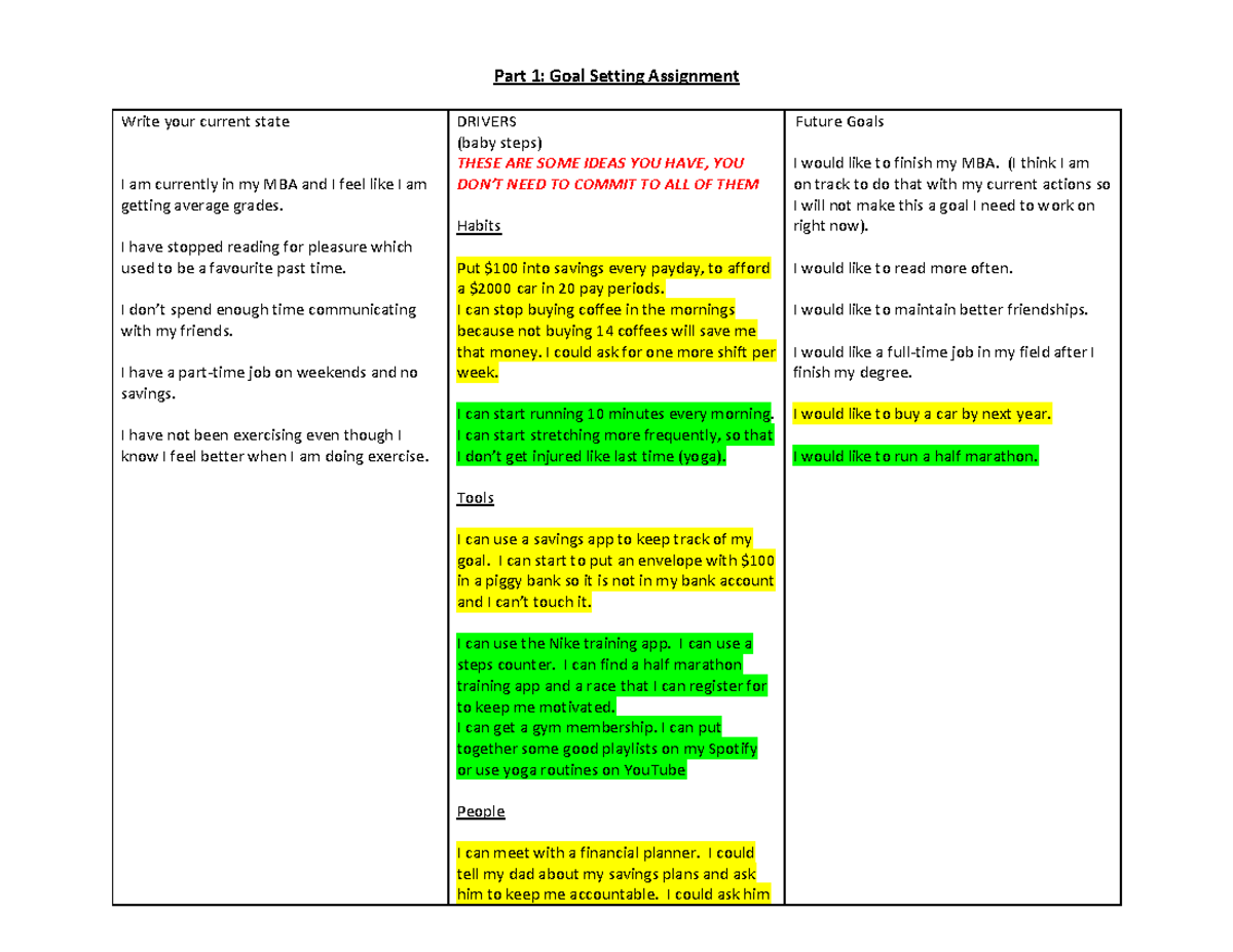 Goal Setting Assignment Sample Part 1 Goal Setting Assignment Write