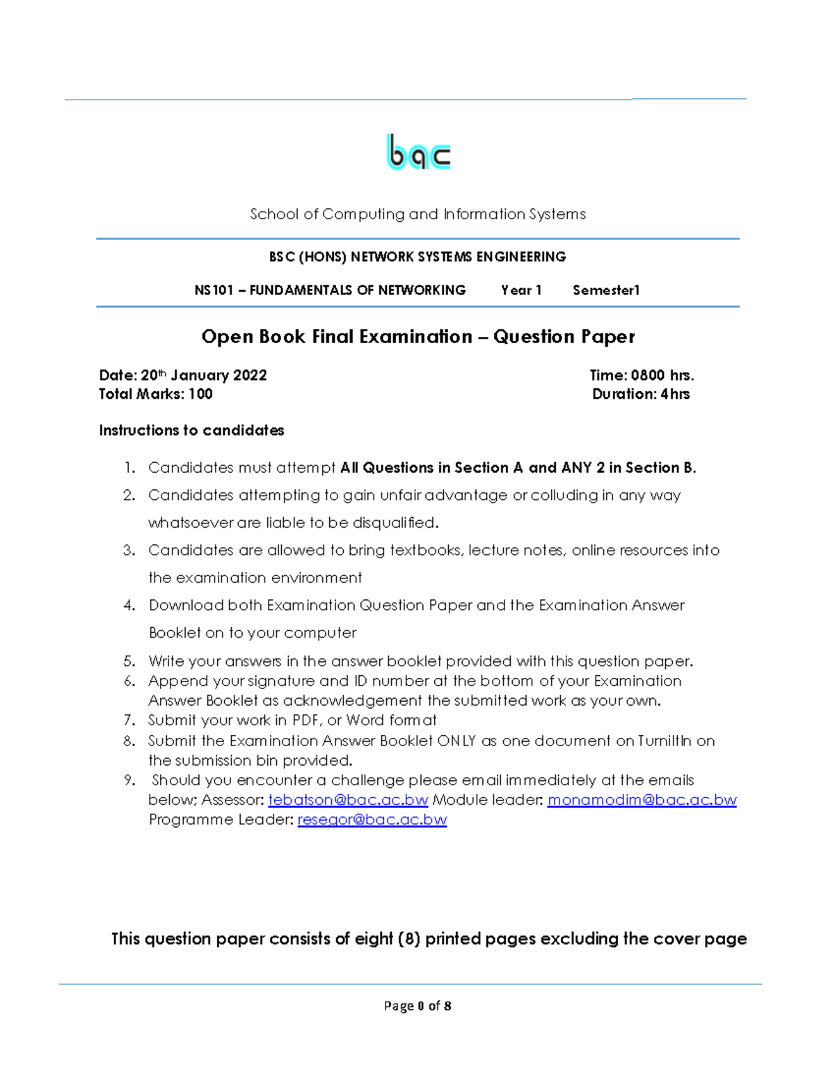 NS101-Fundamentals of Networking (FN) Final Exam 2021- Question Paper ...
