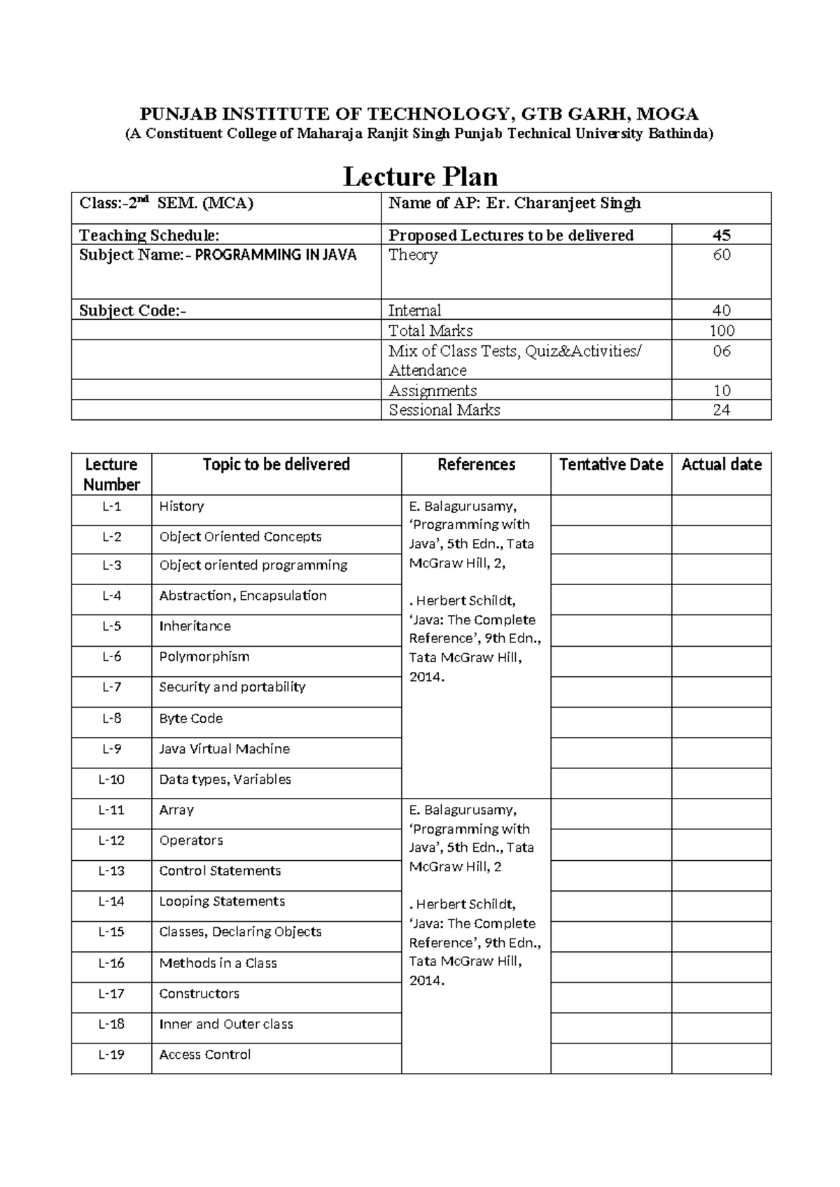 MCA 2nd sem lecture plan java - PUNJAB INSTITUTE OF TECHNOLOGY, GTB ...
