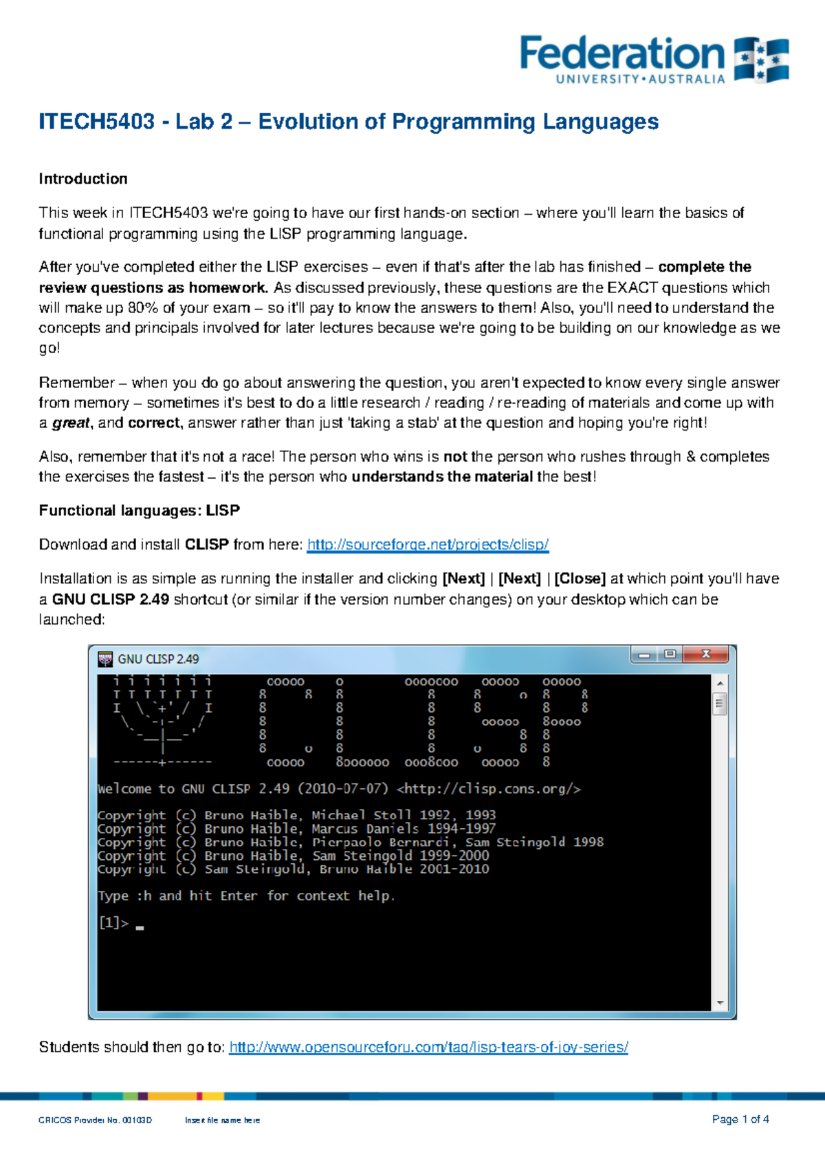 Lab 02 - Evolution Of Programming Languages Learning LISP [Answers ...