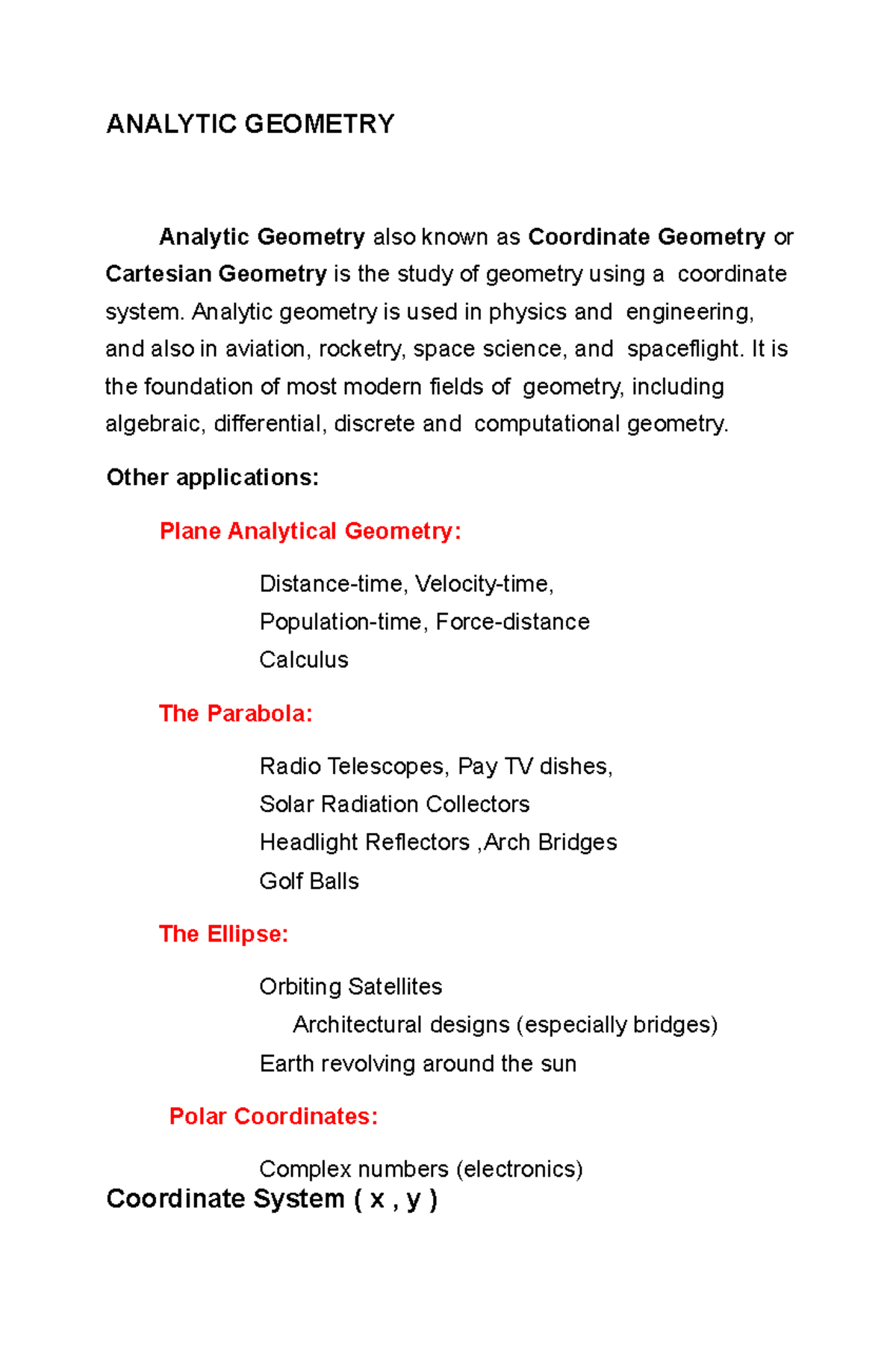 Analytic Geometry - ANALYTIC GEOMETRY Analytic Geometry also known as ...
