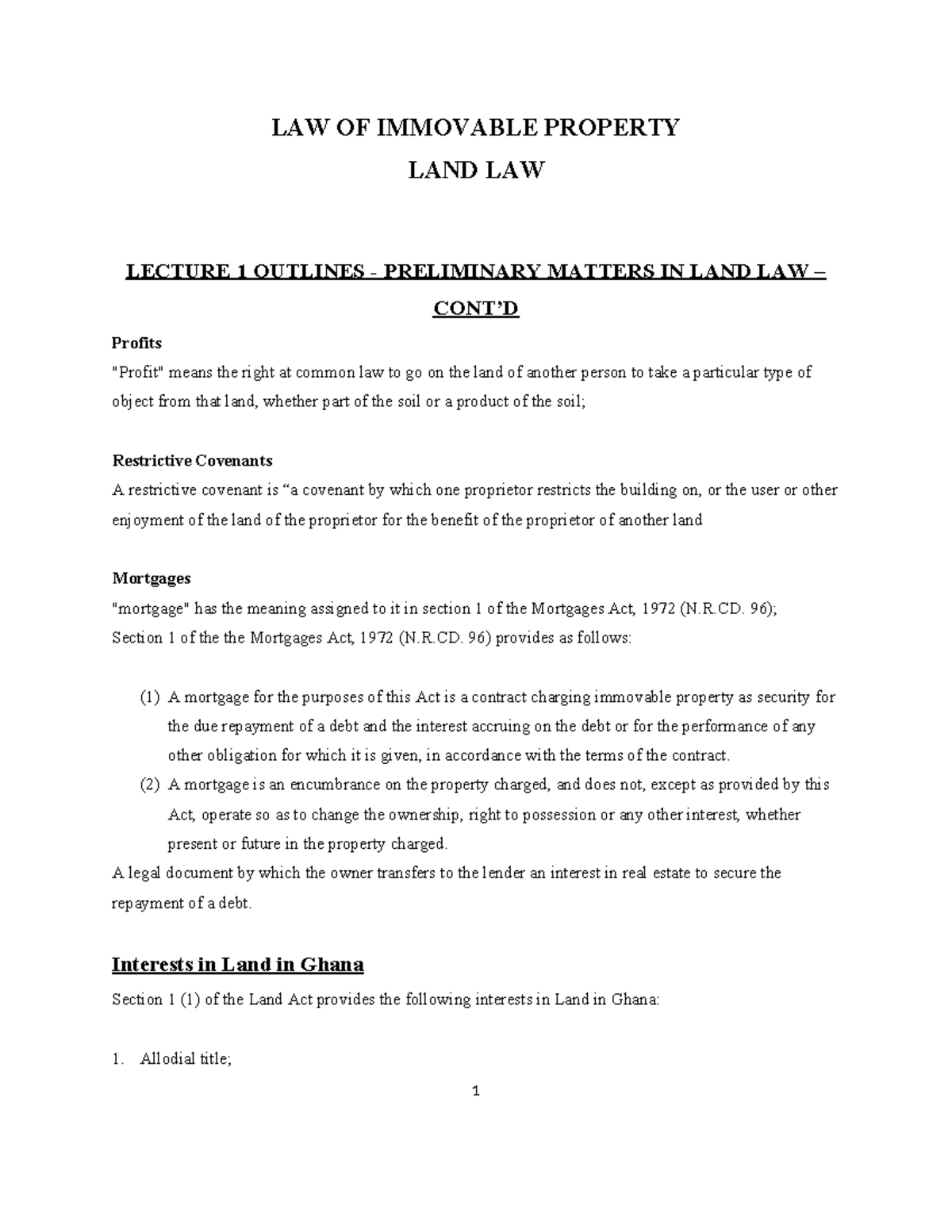 Lesson 1.3 preliminary matters in land law LAW OF IMMOVABLE PROPERTY