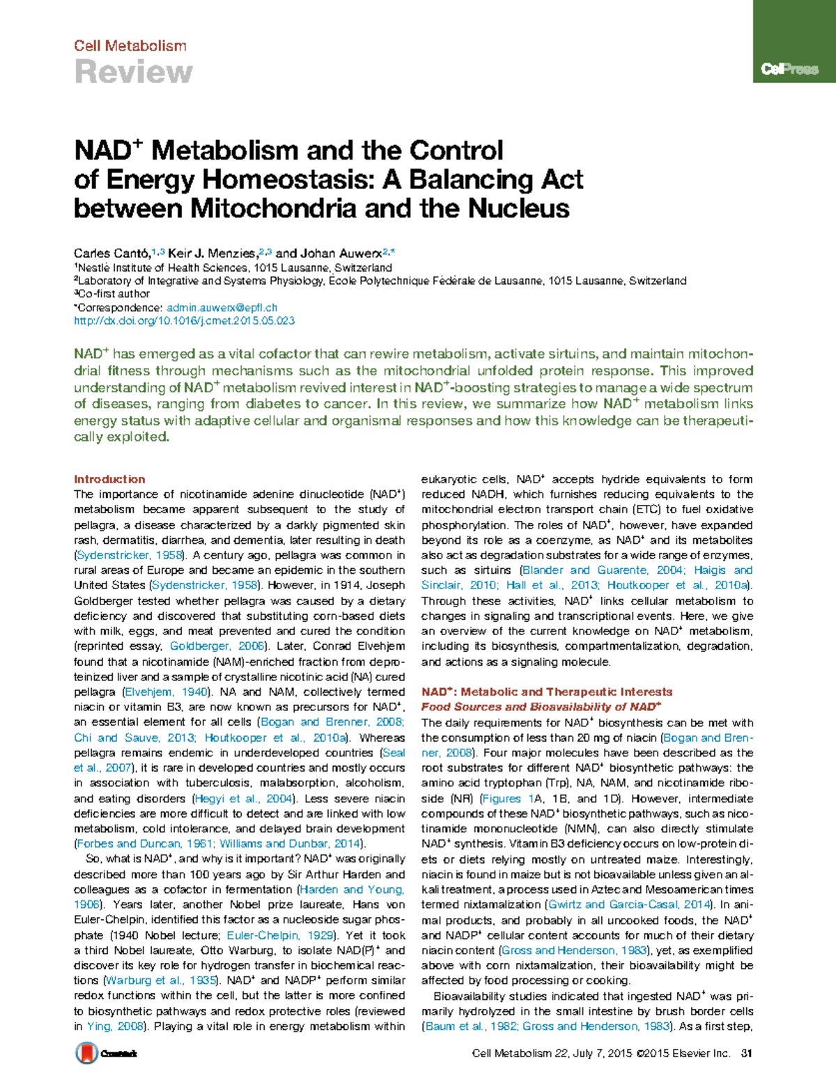 PIIS1550413115002661 - Review NAD + Metabolism and the Control of ...