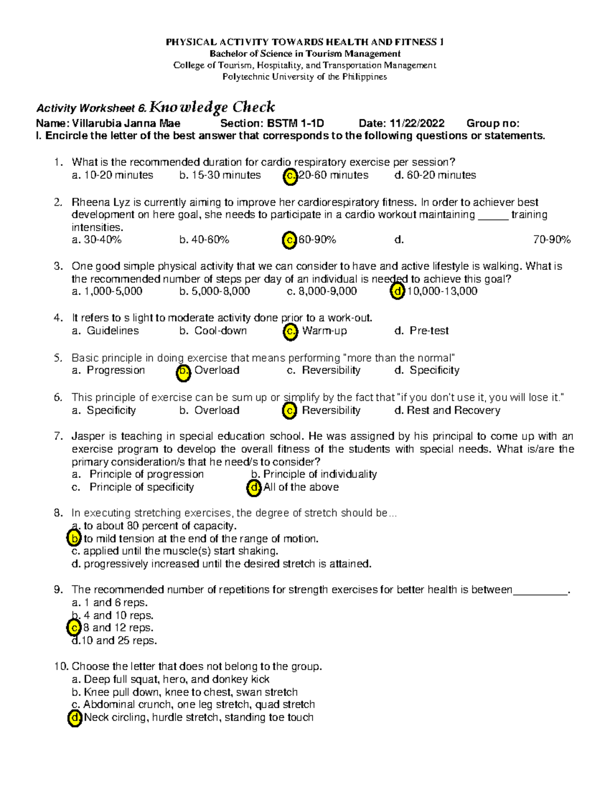 BSTM 11D Knowledge Check PHYSICAL ACTIVITY TOWARDS HEALTH AND
