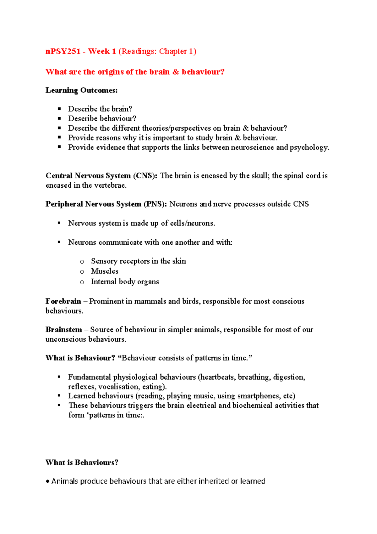 PSY251 Lecture notes + Glossary - nPSY251 - Week 1 (Readings: Chapter 1 ...