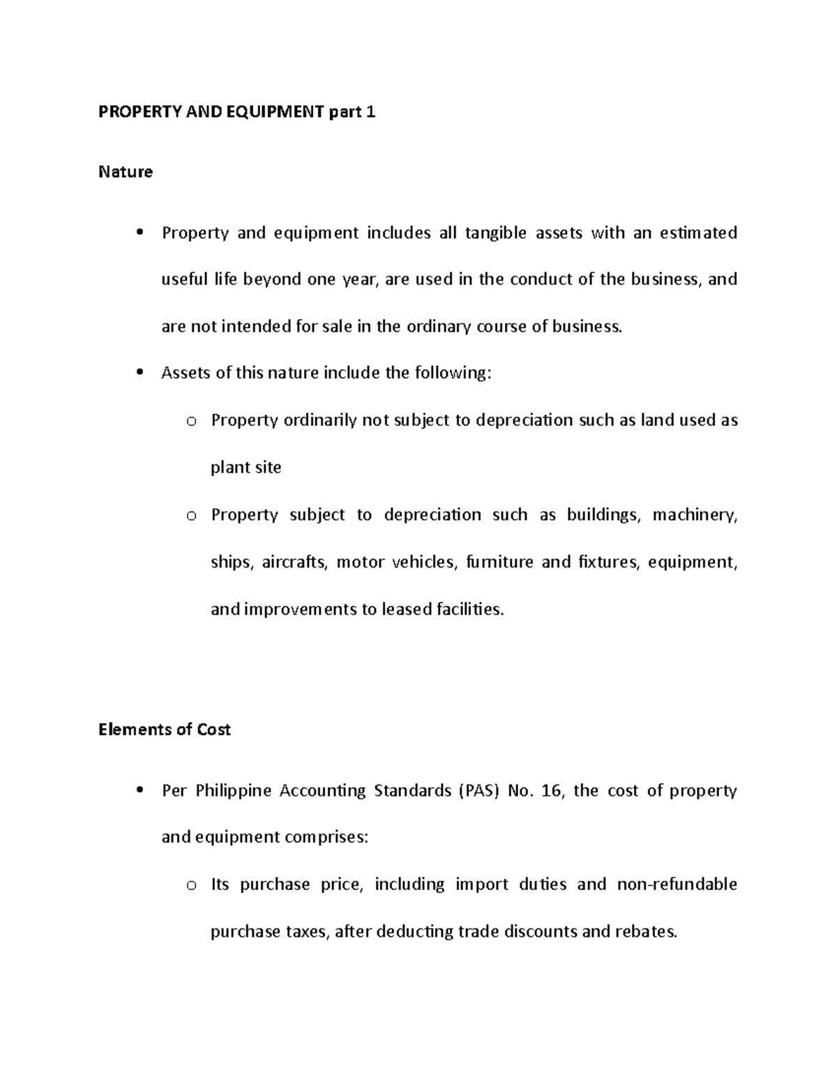 Property AND Equipment part 1 PROPERTY AND EQUIPMENT part 1 Nature