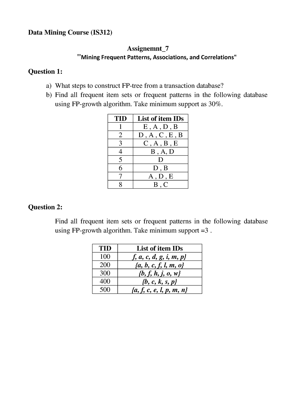 data mining assignment topics