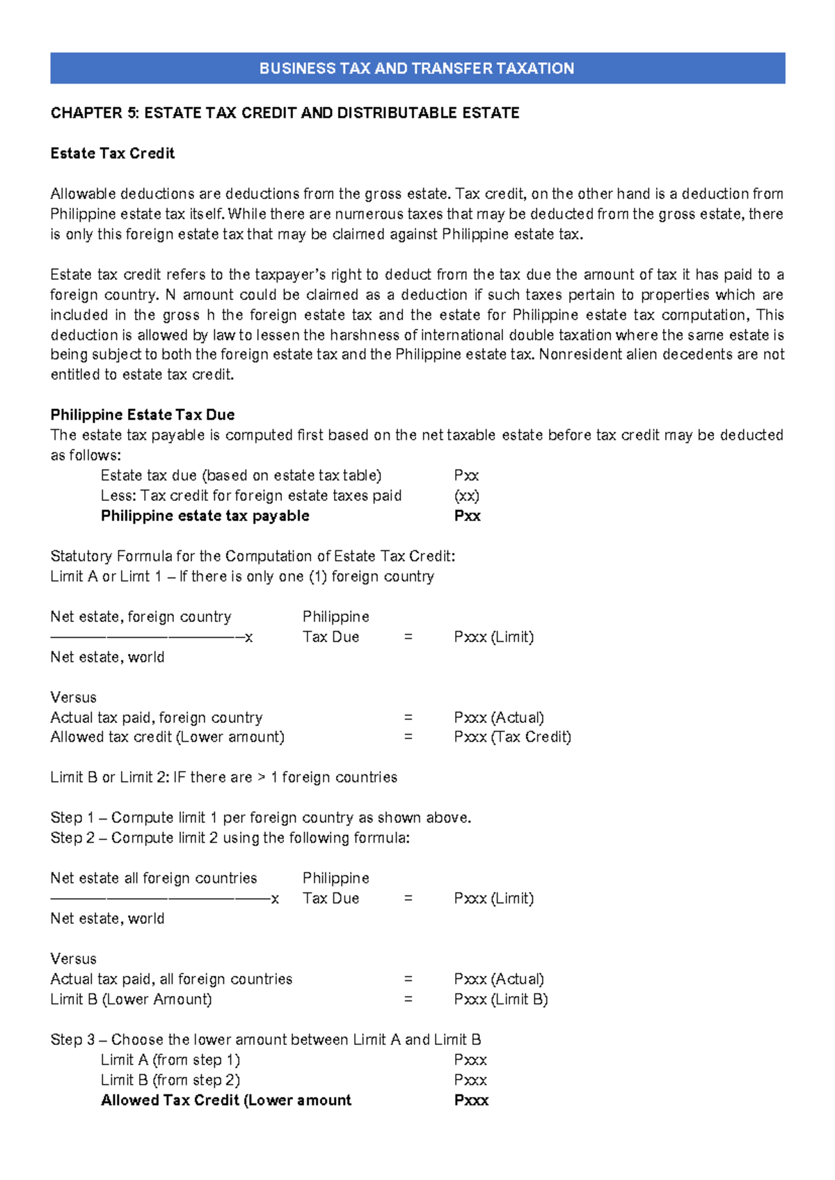 Chapter 5 Estate Tax Credit and Distributable Estate BUSINESS TAX AND