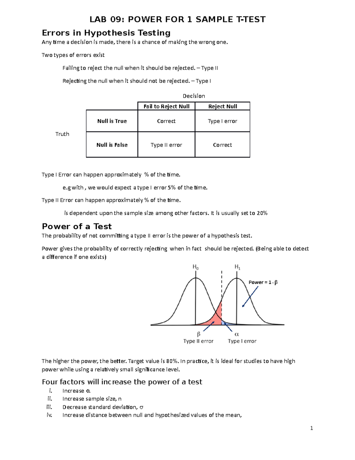 Lab 9 Manual for use - LAB 09: POWER FOR 1 SAMPLE T-TEST Errors in ...