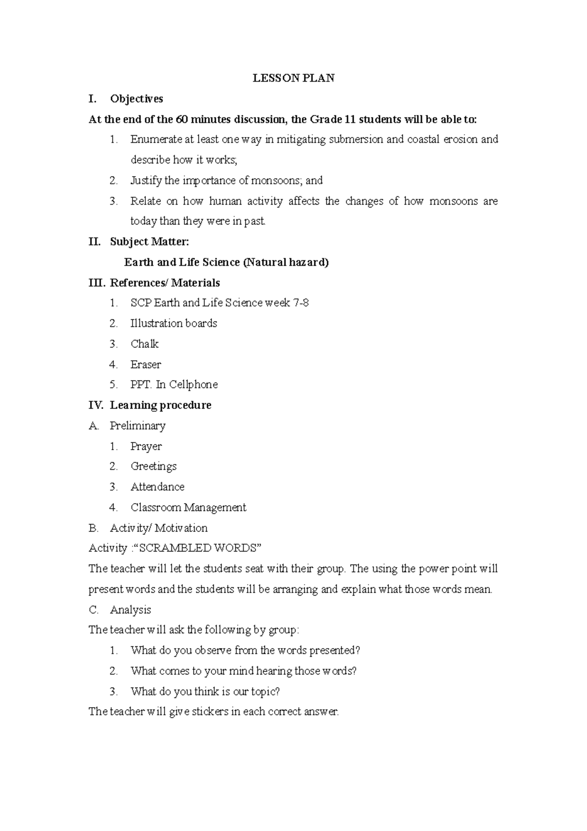 Lesson-PLAN earth and life science - LESSON PLAN I. Objectives At the ...