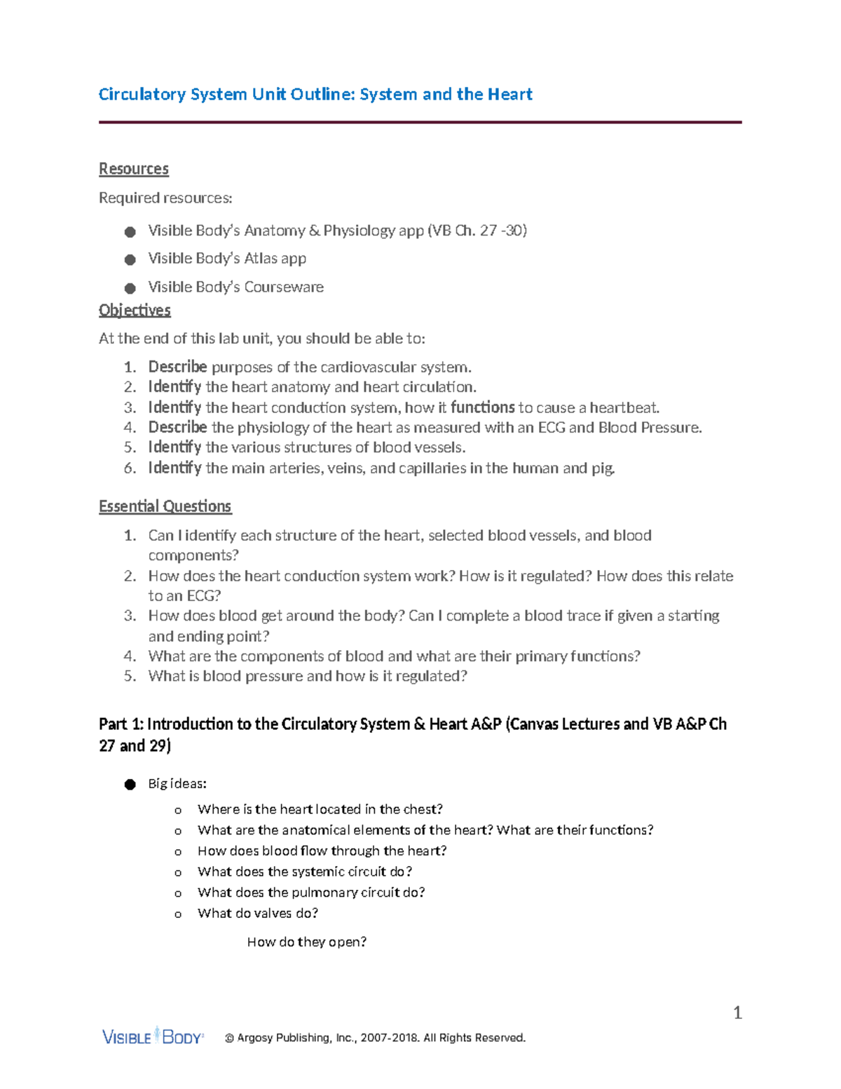 Circulatory System Guided Outline Notes - Circulatory System Unit ...