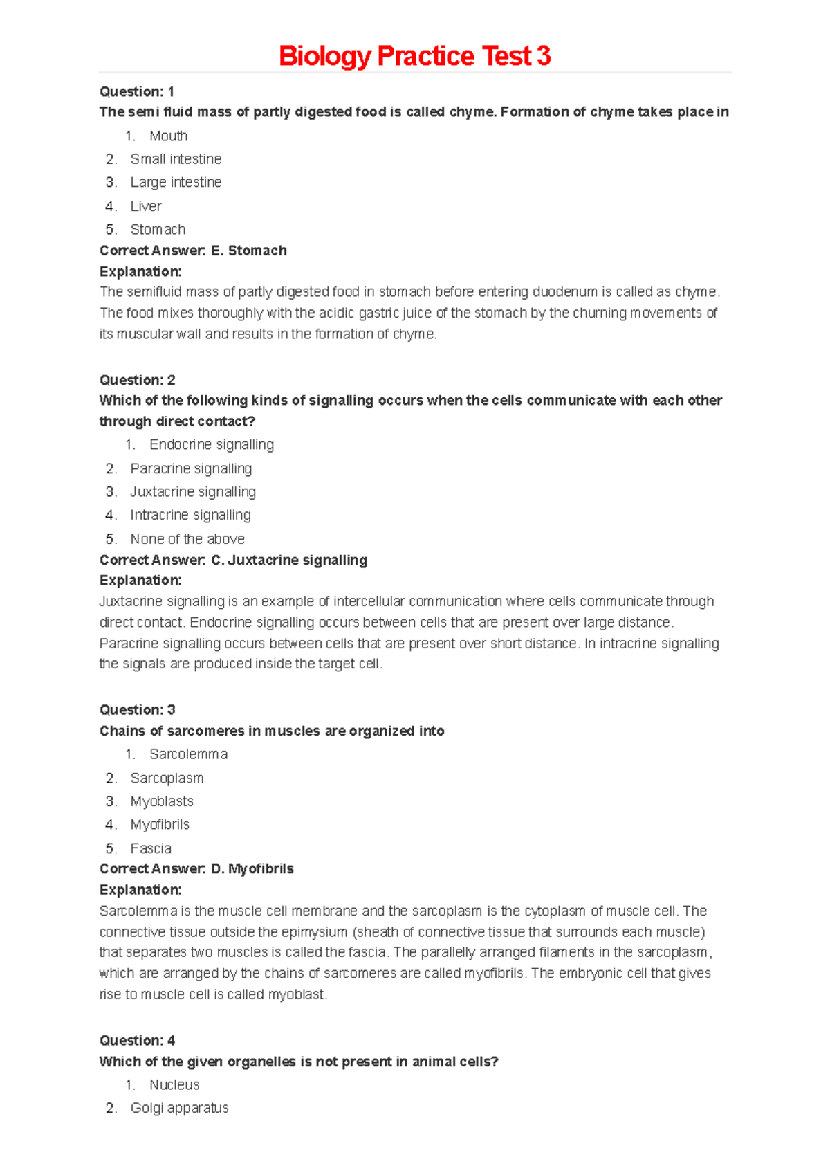 Biology Practice Test 03 - Formation Of Chyme Takes Place In Mouth 