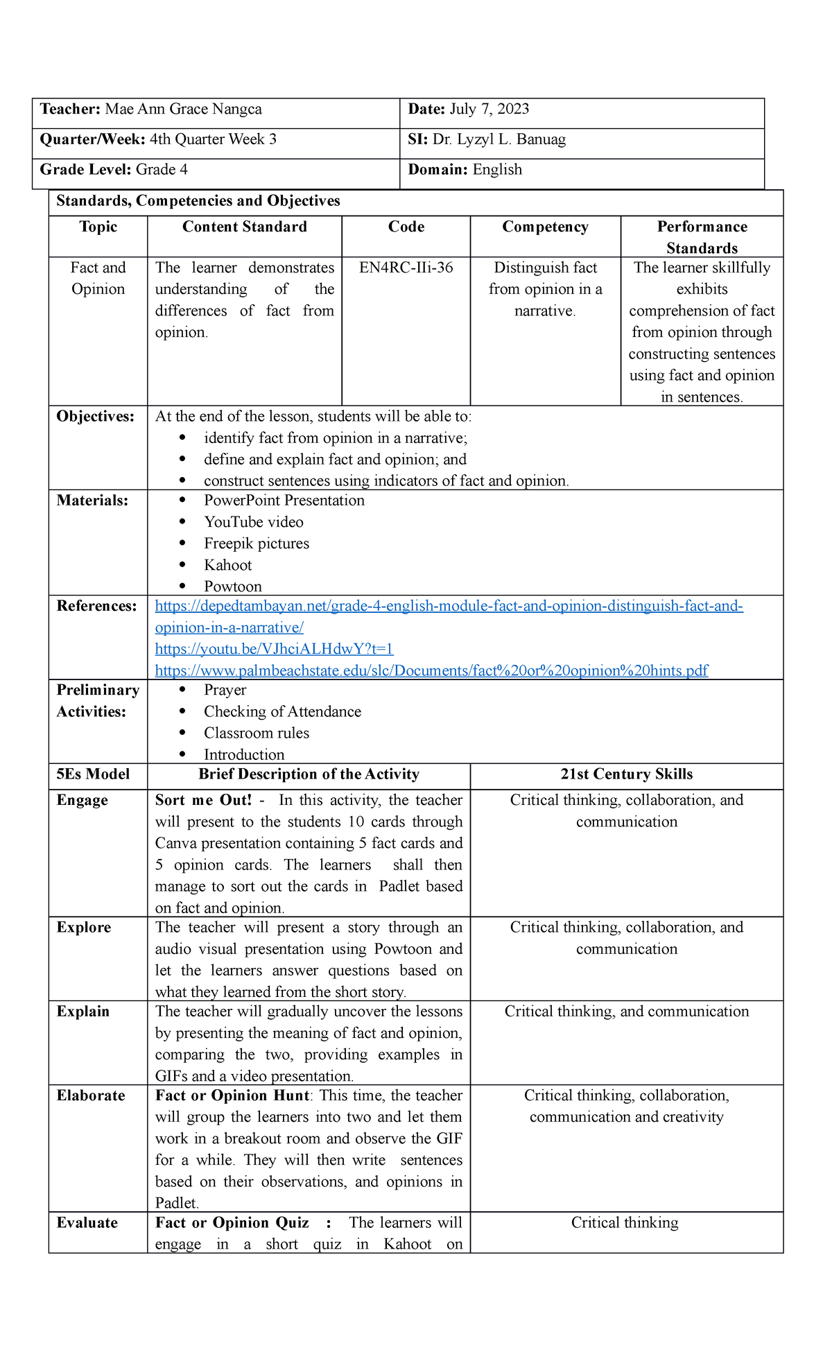 DEMO- Teacher-LAI - LESSON PLAN IN ENGLISH 5Es - Teacher: Mae Ann Grace ...