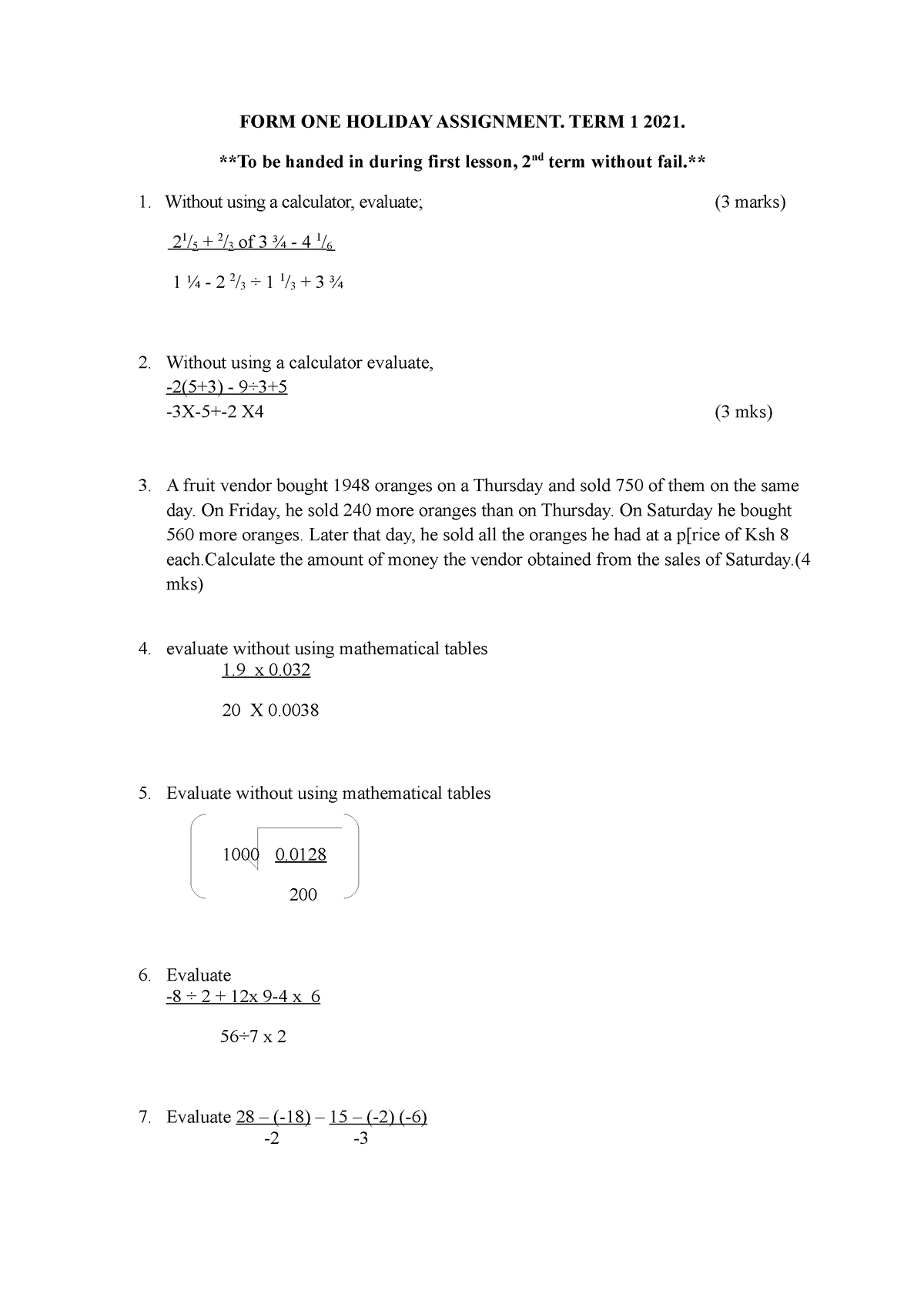 form 1 holiday assignment 2021