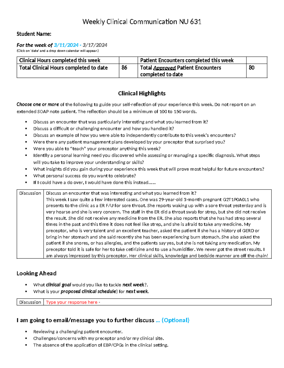 10 Weekly Clinical Communication -nu631 - Weekly Clinical Communication ...