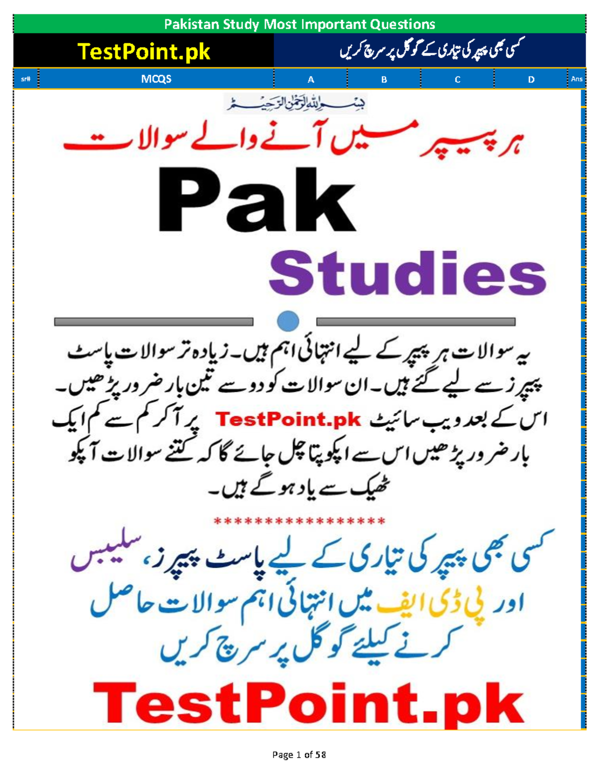 Pak Studies 1000 Most Repeated MCQs by Test Point.pk ٰ sr MCQS A B C