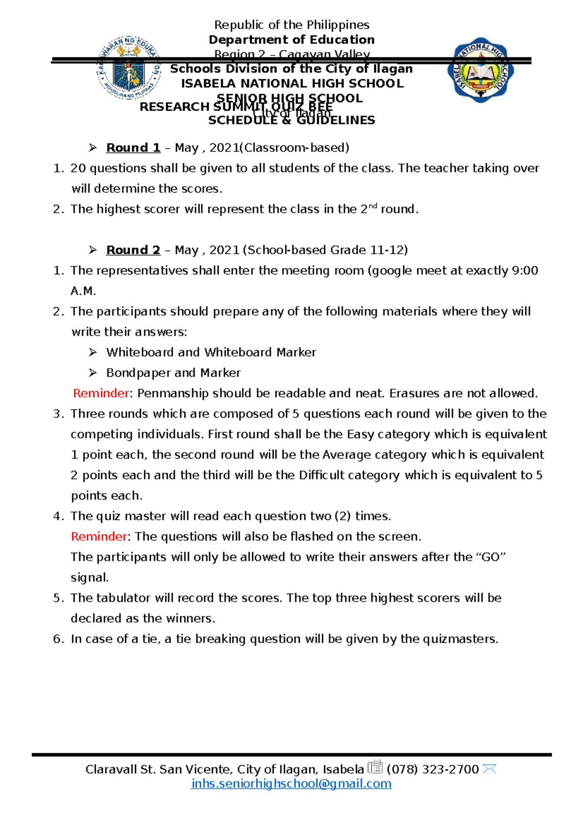 QUIZ BEE Research Guidelines RESEARCH SUMMIT QUIZ BEE SCHEDULE