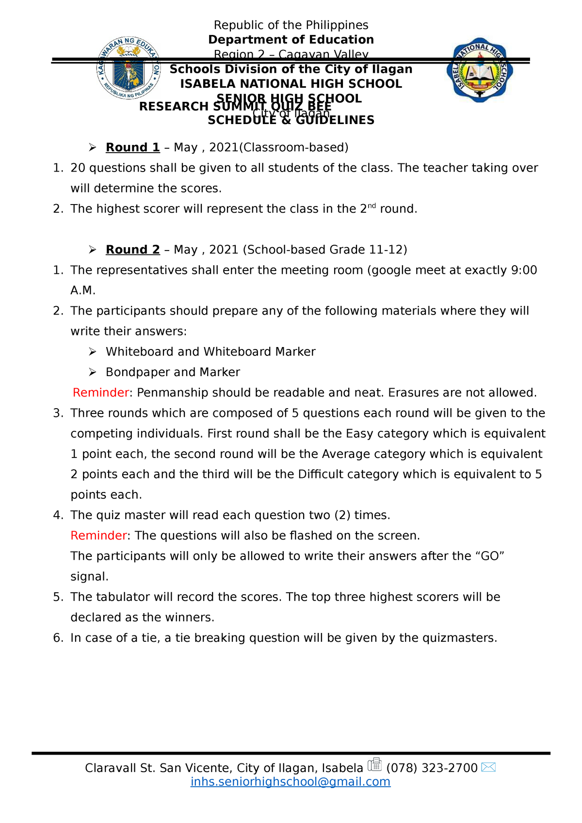 QUIZ BEE Research Guidelines RESEARCH SUMMIT QUIZ BEE SCHEDULE 