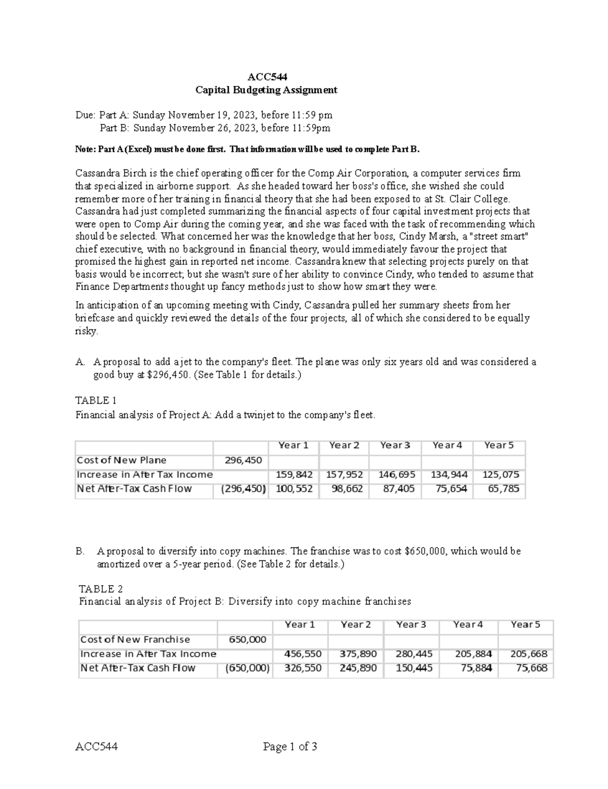 Capital Budgeting Case F23 - ACC Capital Budgeting Assignment Due: Part ...
