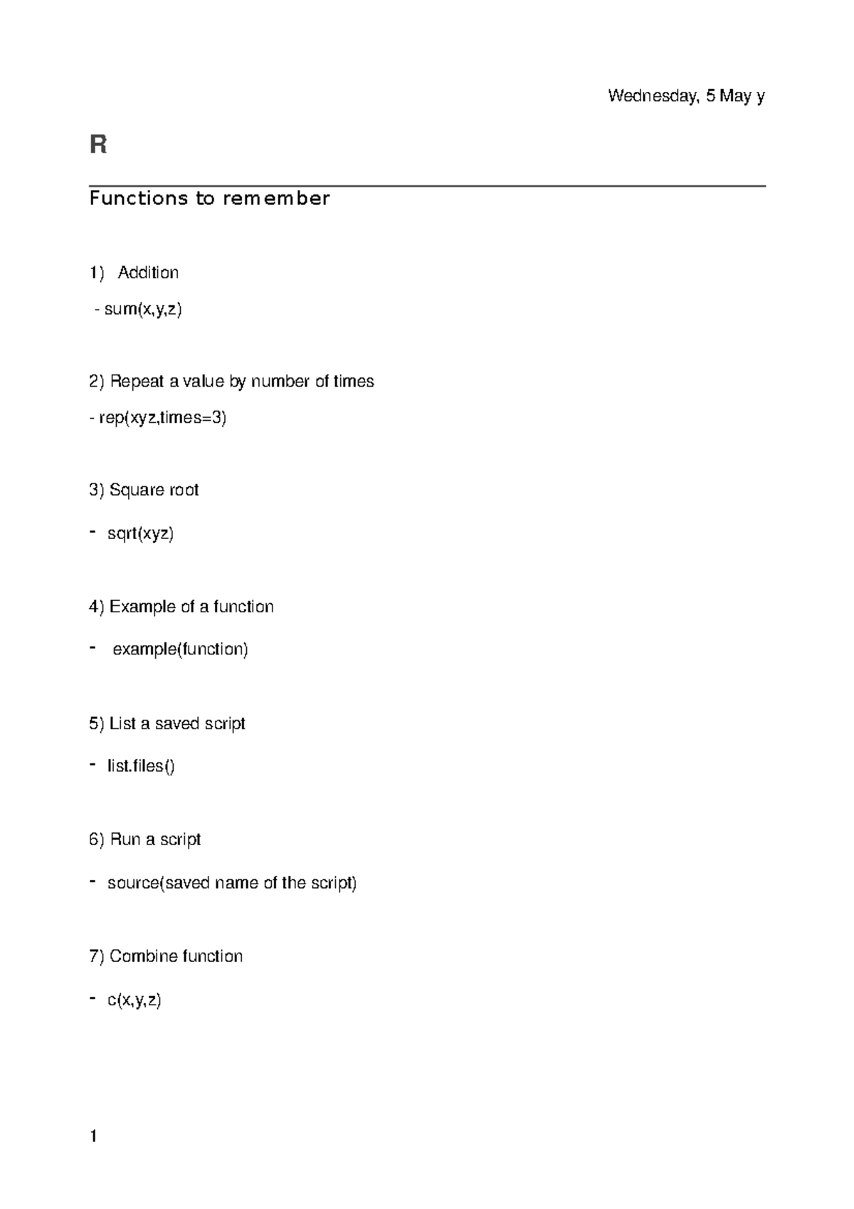 R shortcuts - Lecture notes 1-20 - R Functions to remember Addition sum ...