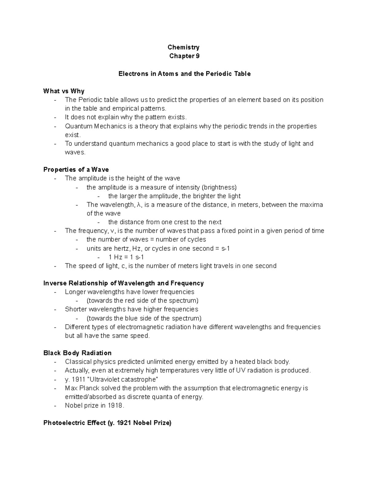 Chapter 9 lecture notes - Chemistry Chapter 9 Electrons in Atoms and ...