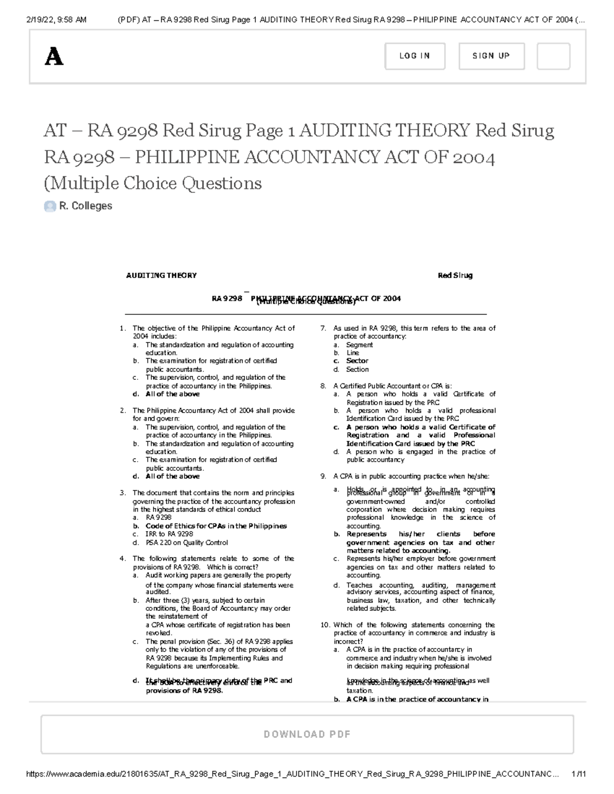 Acctg 10an Lesson 2 and 3 - AT – RA 9298 Red Sirug Page 1 AUDITING ...