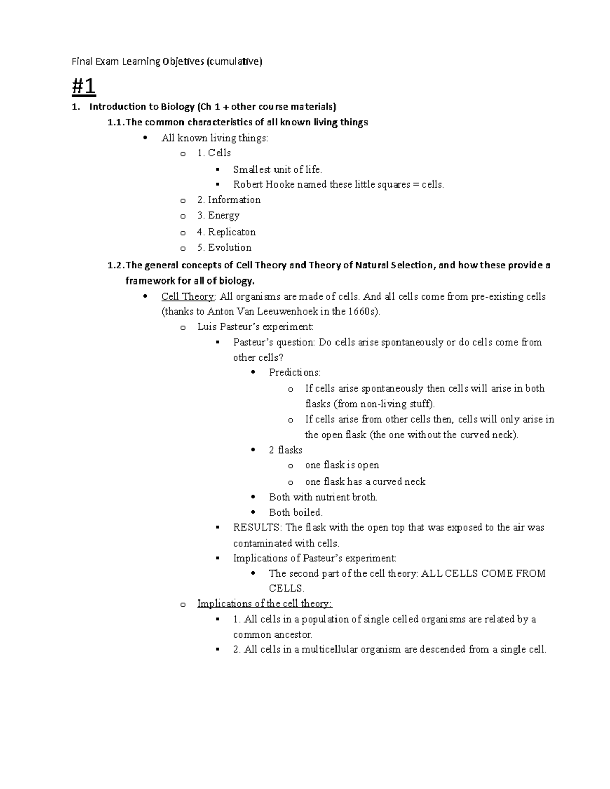 BIO 160 Final Exam Objectives 2017 - Final Exam Learning Objetives ...