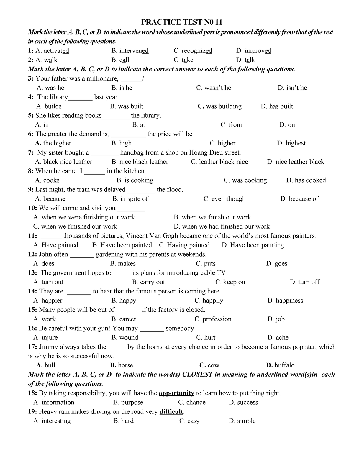 ĐỀ SỐ 1 - Nguyễn Anh Tuấn. - PRACTICE TEST N0 11 Mark The Letter A, B ...