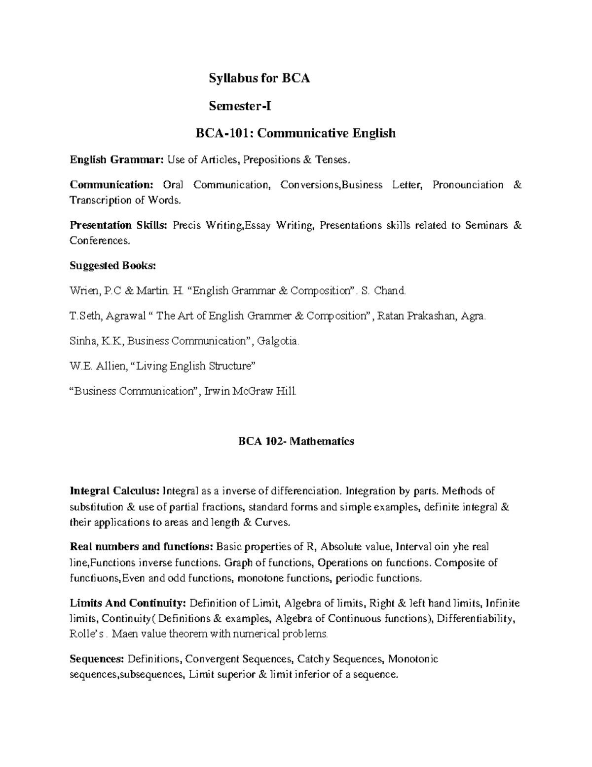 Bca1 - Syllabus - Syllabus for BCA Semester-I BCA-101: Communicative ...