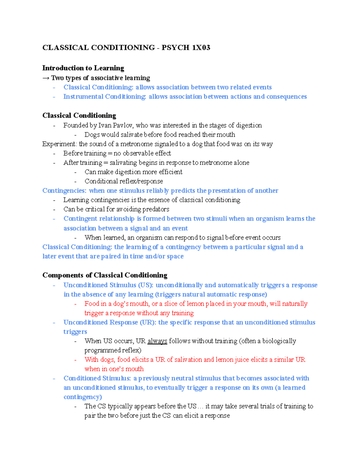 Classical Conditioning Module Notes - PSYCH 1X03 - PSYCH 1X03 ...