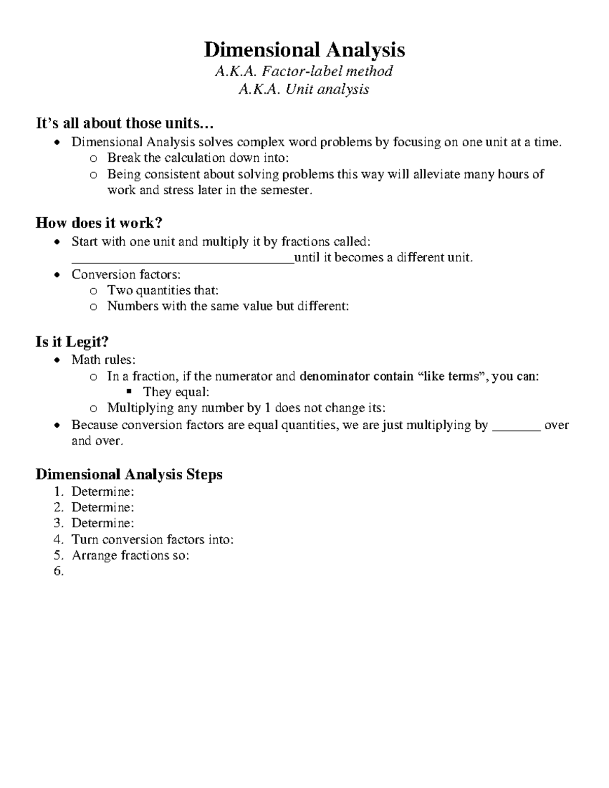 Dimensional Analysis Lecture notes first semester Dimensional