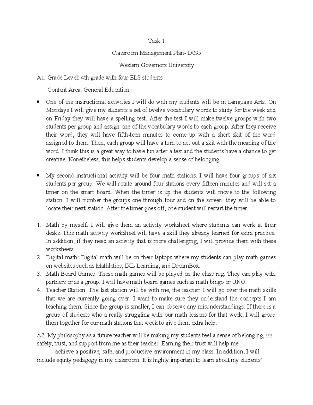 Task 1 D095 correct file - Copy - Task 1 Classroom Management Plan- D ...