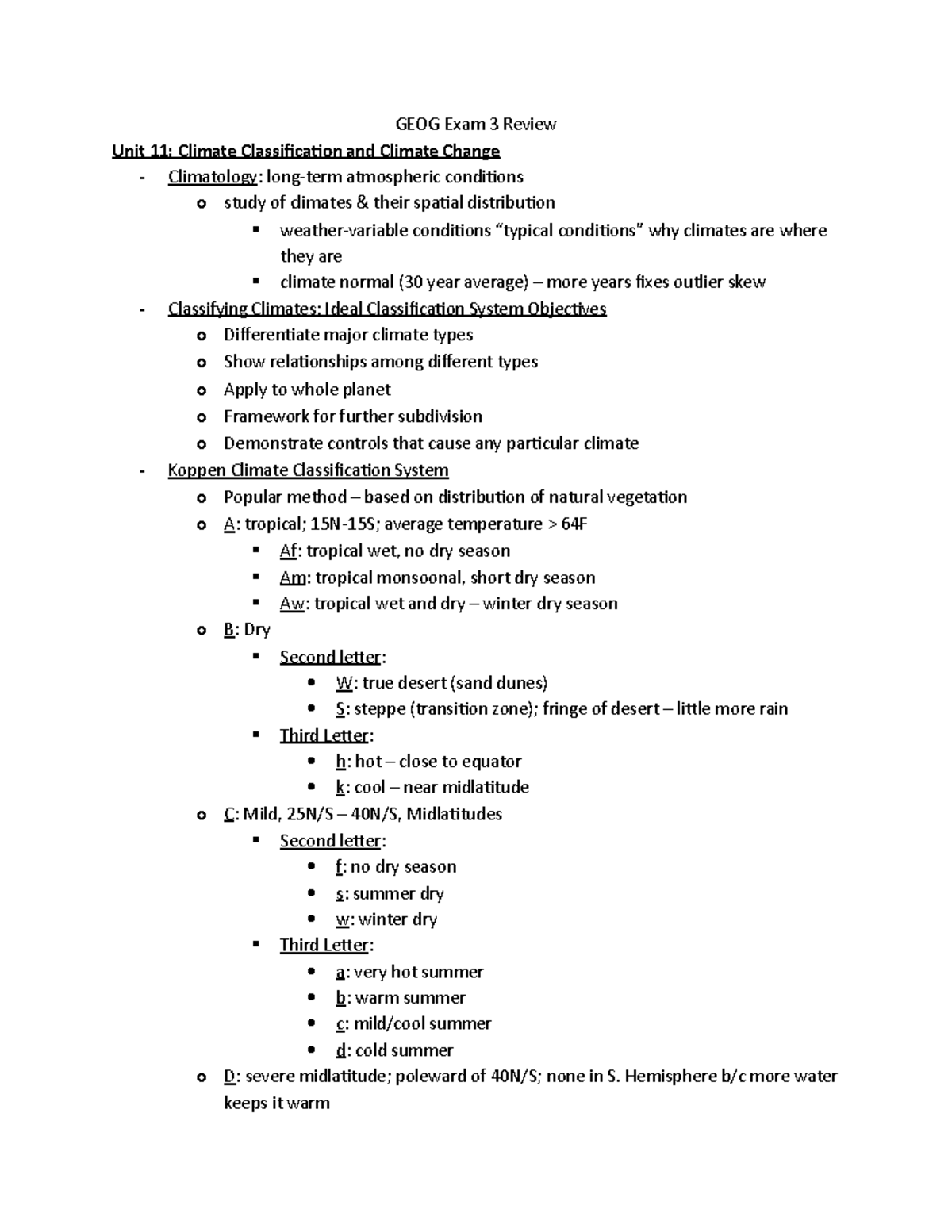 GEOG 1111 Exam 3 study guide - GEOG Exam 3 Review Unit 11: Climate ...