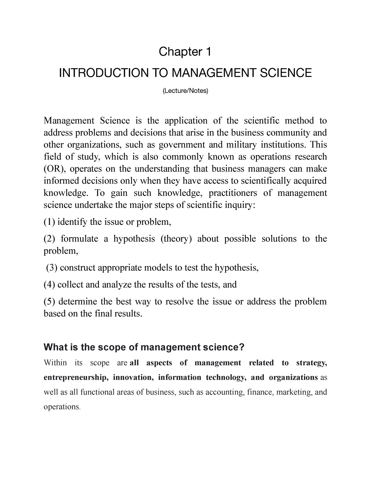 Ch A Pter 1-Introduction To M A N A Gement Science - Chapter 1 ...