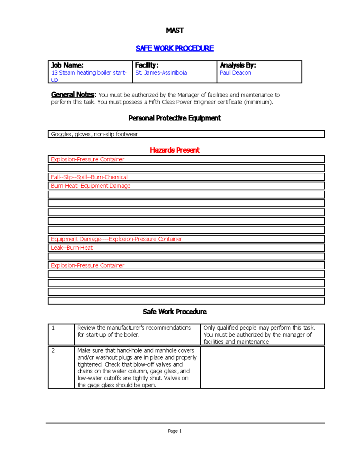 248800998 Steam Heating Boiler Start up MAST SAFE WORK Procedure MAST