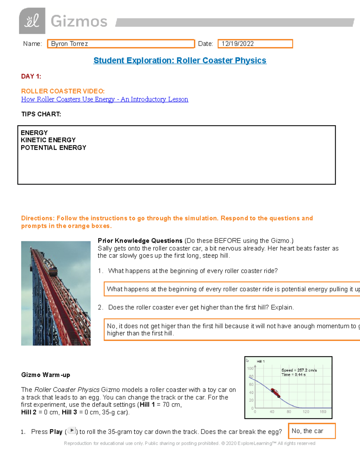 Roller Coaster - Respond to the questions and prompts in the orange ...