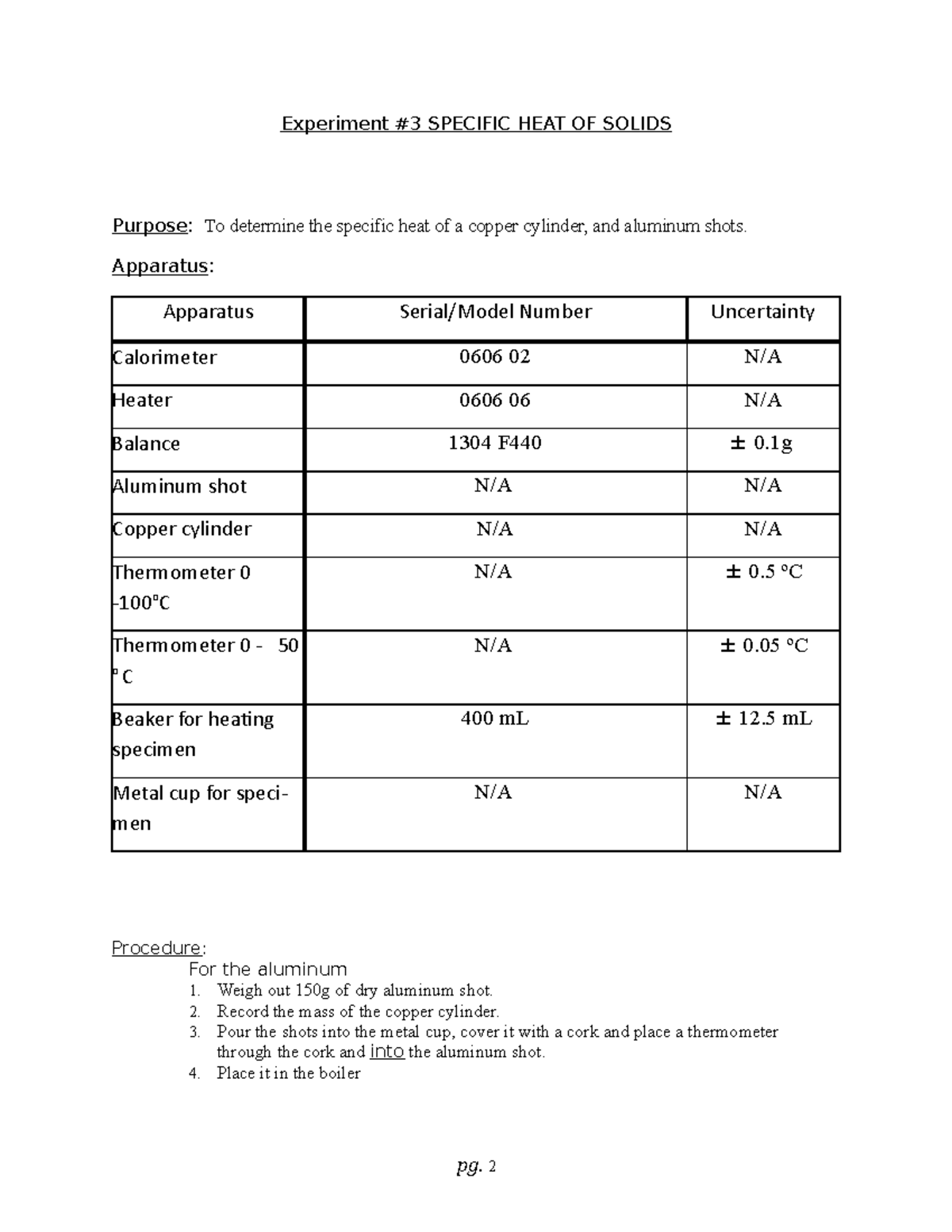 Experiment 3 Apparatus Apparatus Serial/Model Number Uncertainty