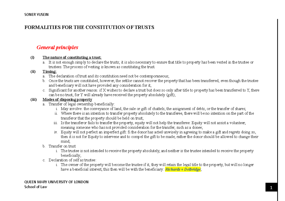 Equity and Trusts - Formalities FOR THE Constitution OF Trusts ...