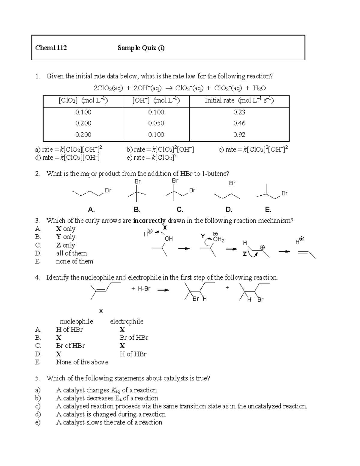 Chem1112 Sample Quiz - Chem1 112 Sample Quiz (i) Given The Initial Rate ...