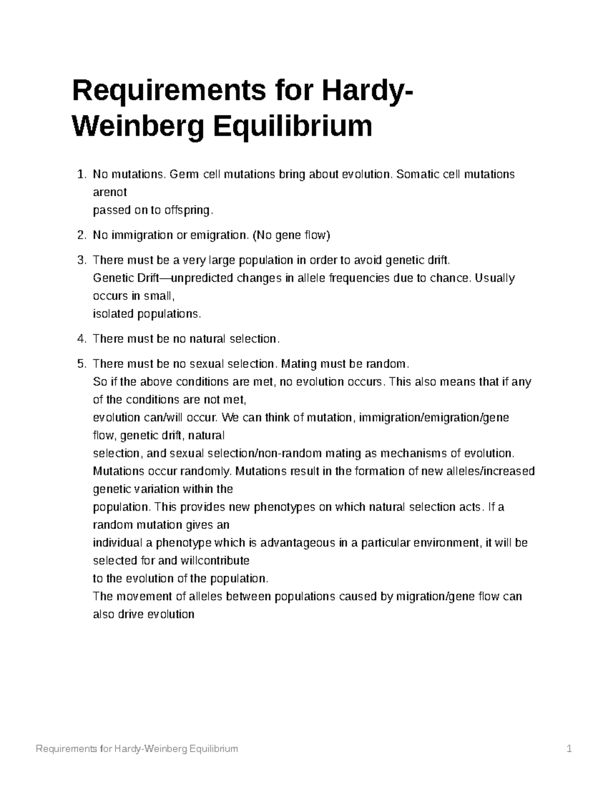 Requirements for HardyWeinberg Equilibrium Germ cell mutations bring