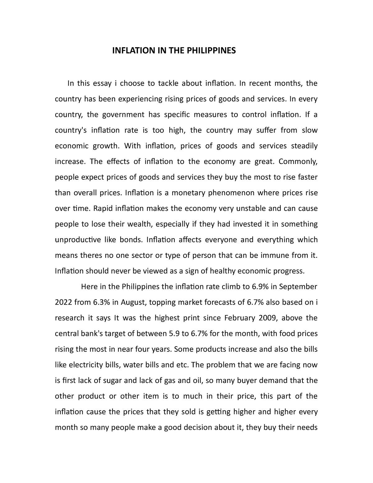 argumentative essay about inflation rate in the philippines